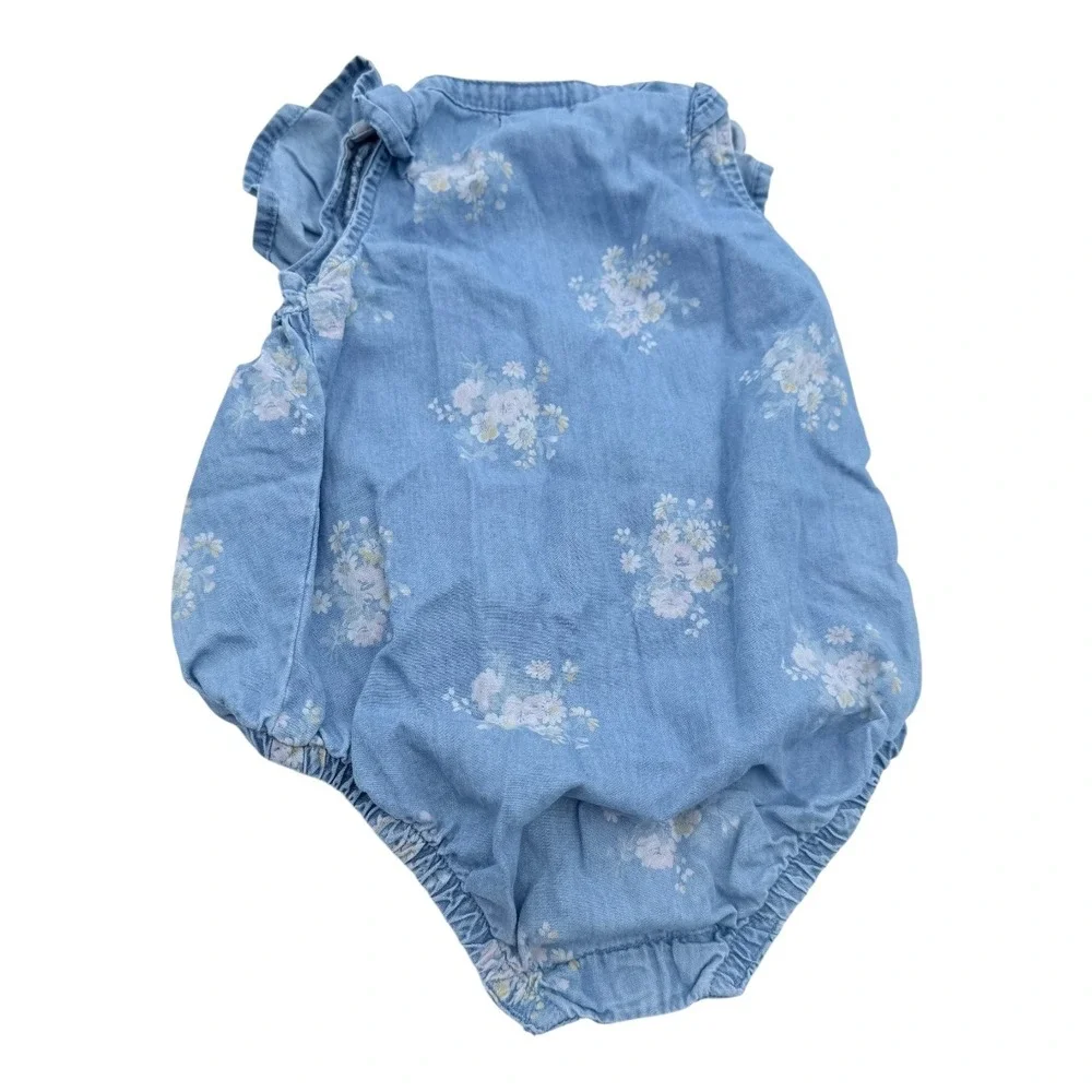 Baby Bgosh Floral Bubble Romper 3M Baby Girl Blue Cotton Chambray Boho Excellent